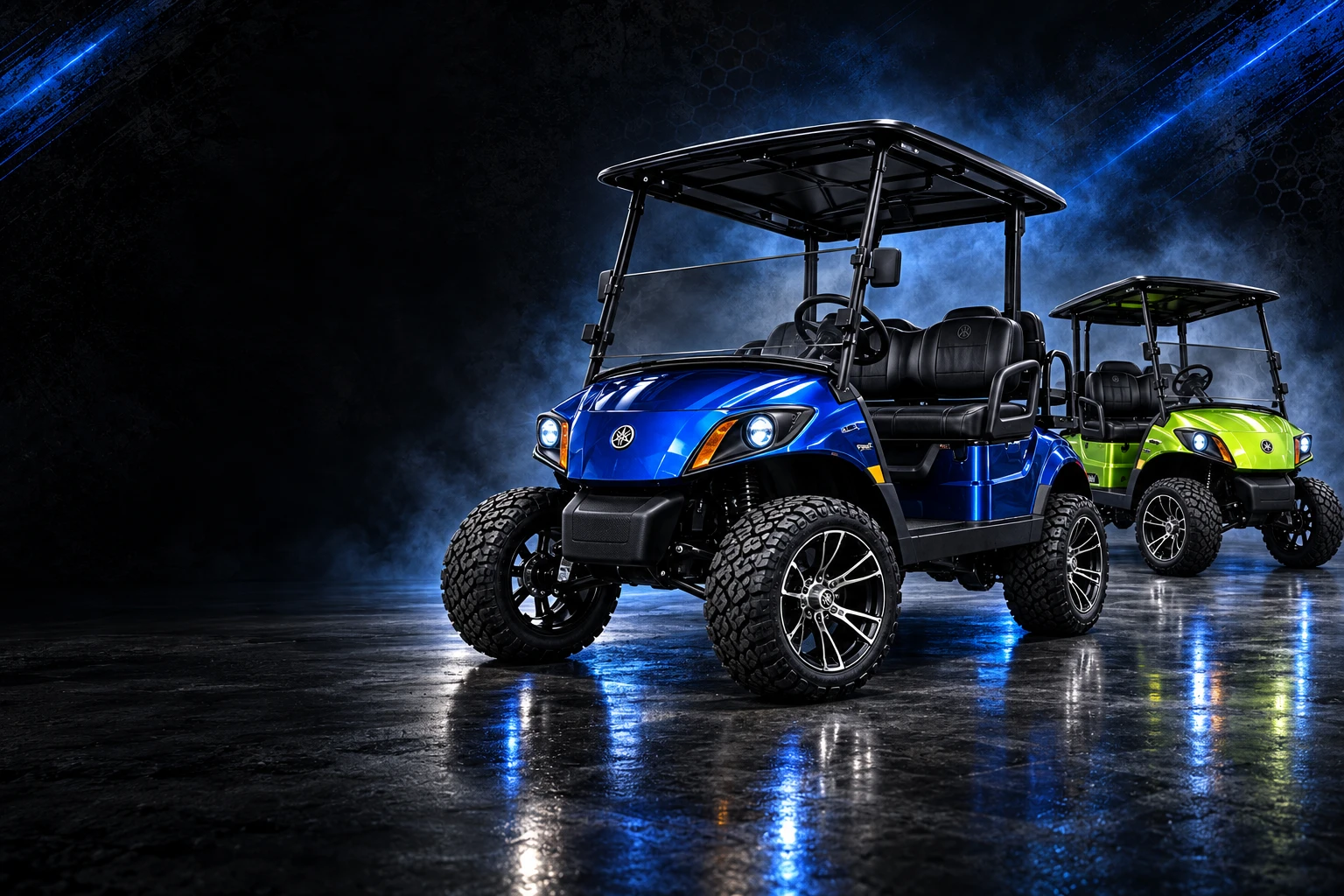 Illustrative artwork of blue and green lifted Yamaha-style golf carts under dramatic blue lighting